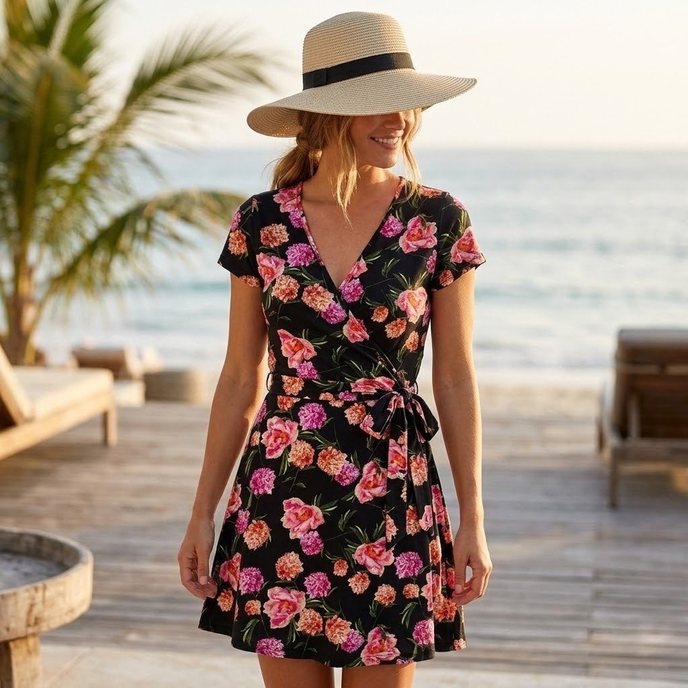 Ripzone Floral Wrap Dress Womens Small Black Pink Tropical Beach Vacation Casual